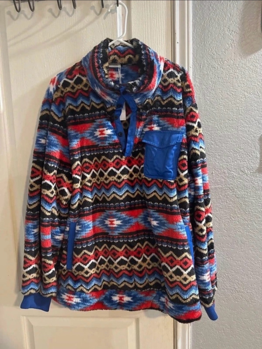 Men's Zip-Up Fleece Pullover - Blue & Red Aztec Pattern